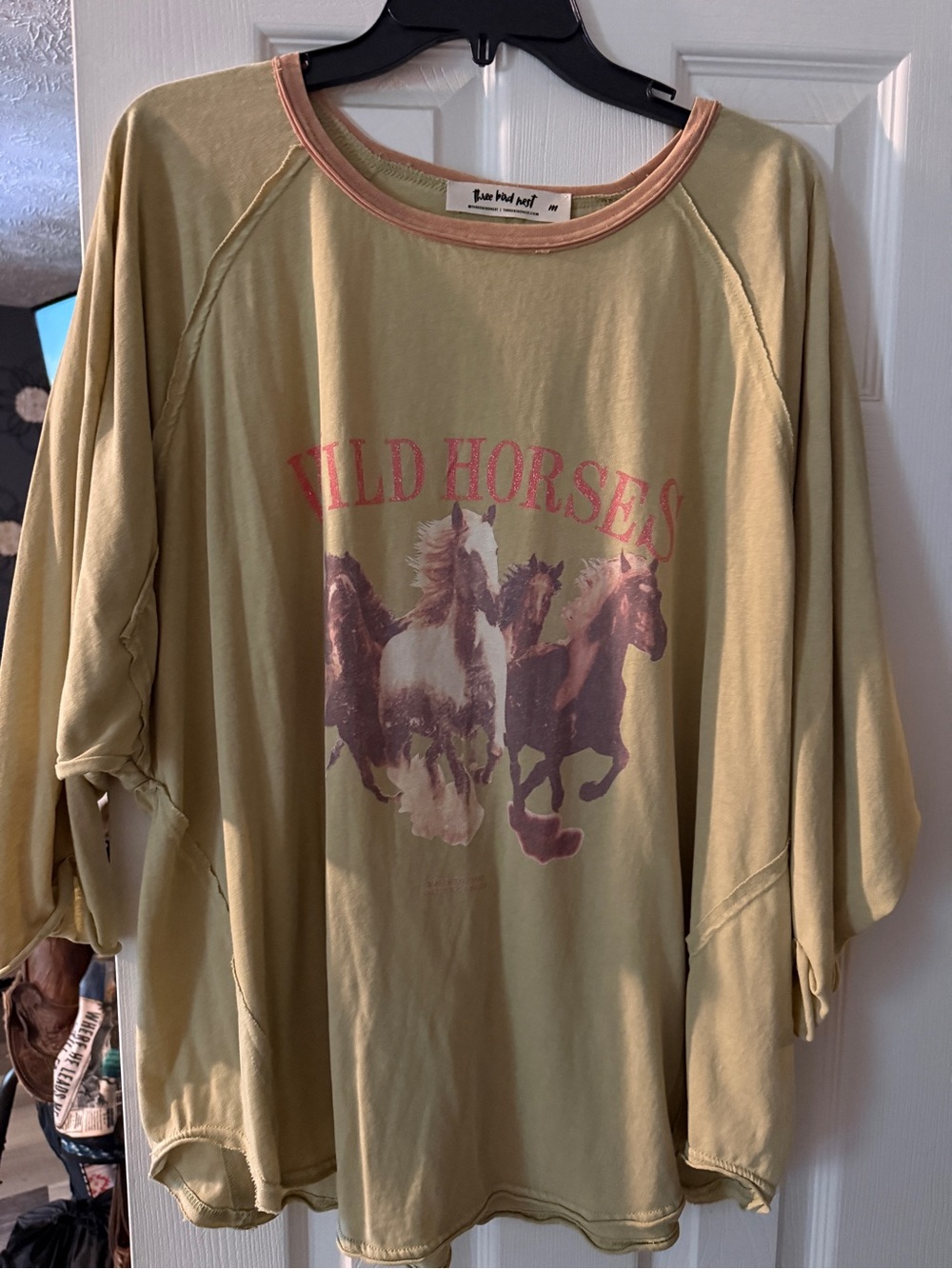 Three Bird Nest Olive Green Wild Horses Graphic Tunic with Pink Trim